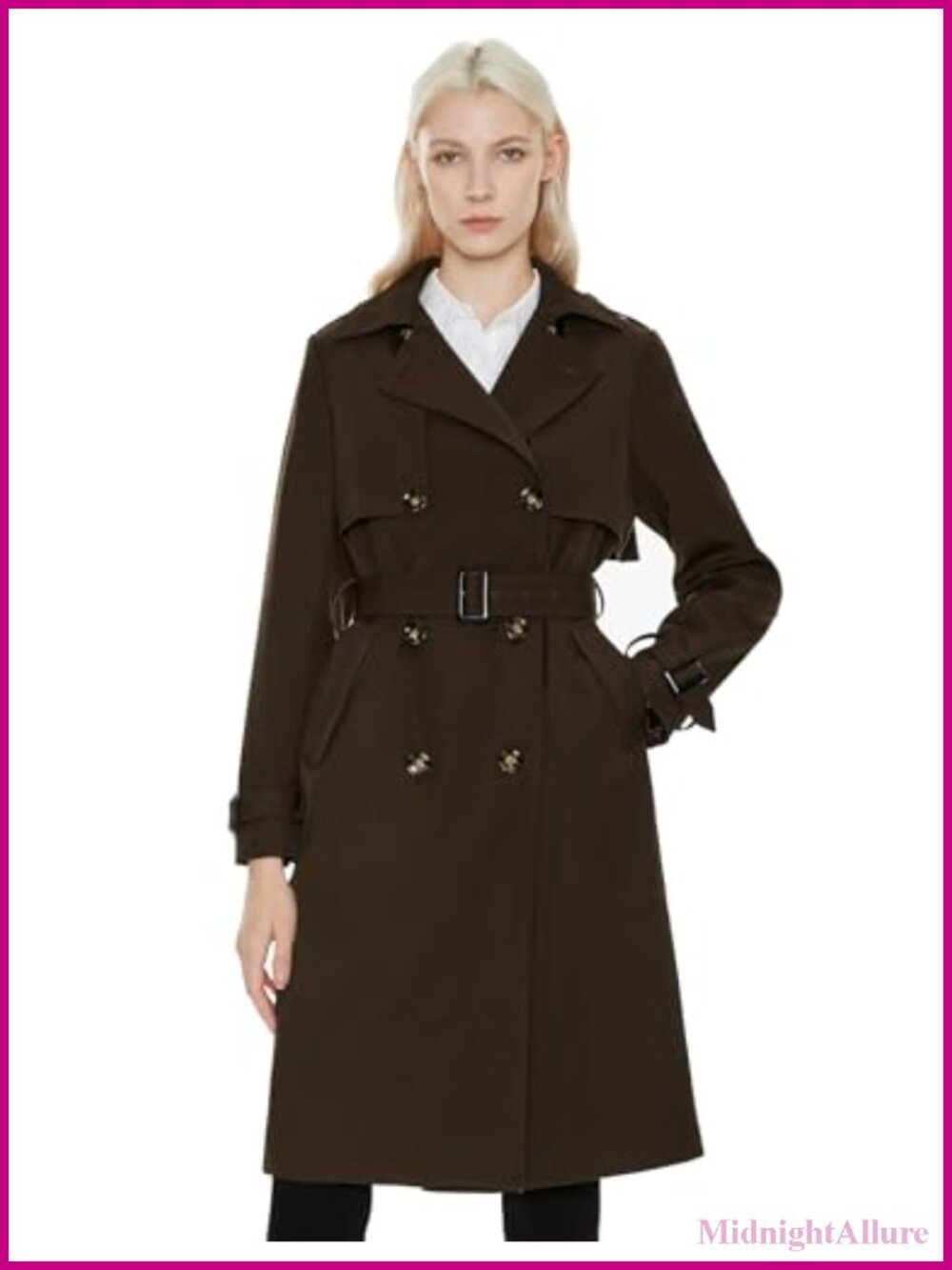 Women's Long Double-Breasted Trench Coat with Belt Lightweight Classic Lapel